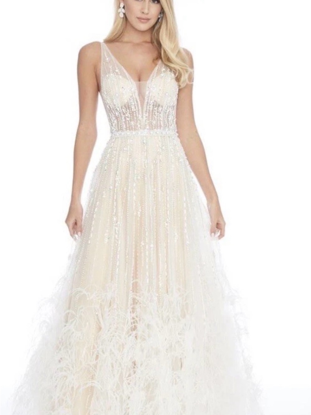 Beaded Feathered A-Line Dress in Ivory